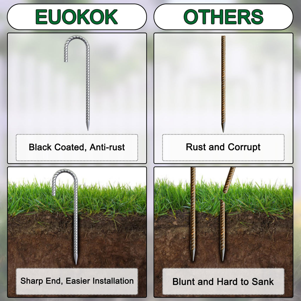 EUOKOK vs competitors J hook rebar stakes comparison: left side features black coated anti-rust finish and sharp pointed end for easier installation; right side shows rust-prone, blunt-ended, easily fractured inferior alternatives. Ideal for reliable outdoor anchoring in landscaping, gardening, and construction projects.