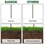 EUOKOK vs competitors rebar ground stakes comparison: left side features anti-rust black coated and heavy duty durable stakes; right side shows rust-prone, easily bendable and fractured inferior alternatives. Ideal for reliable outdoor anchoring in landscaping, gardening, and construction projects.