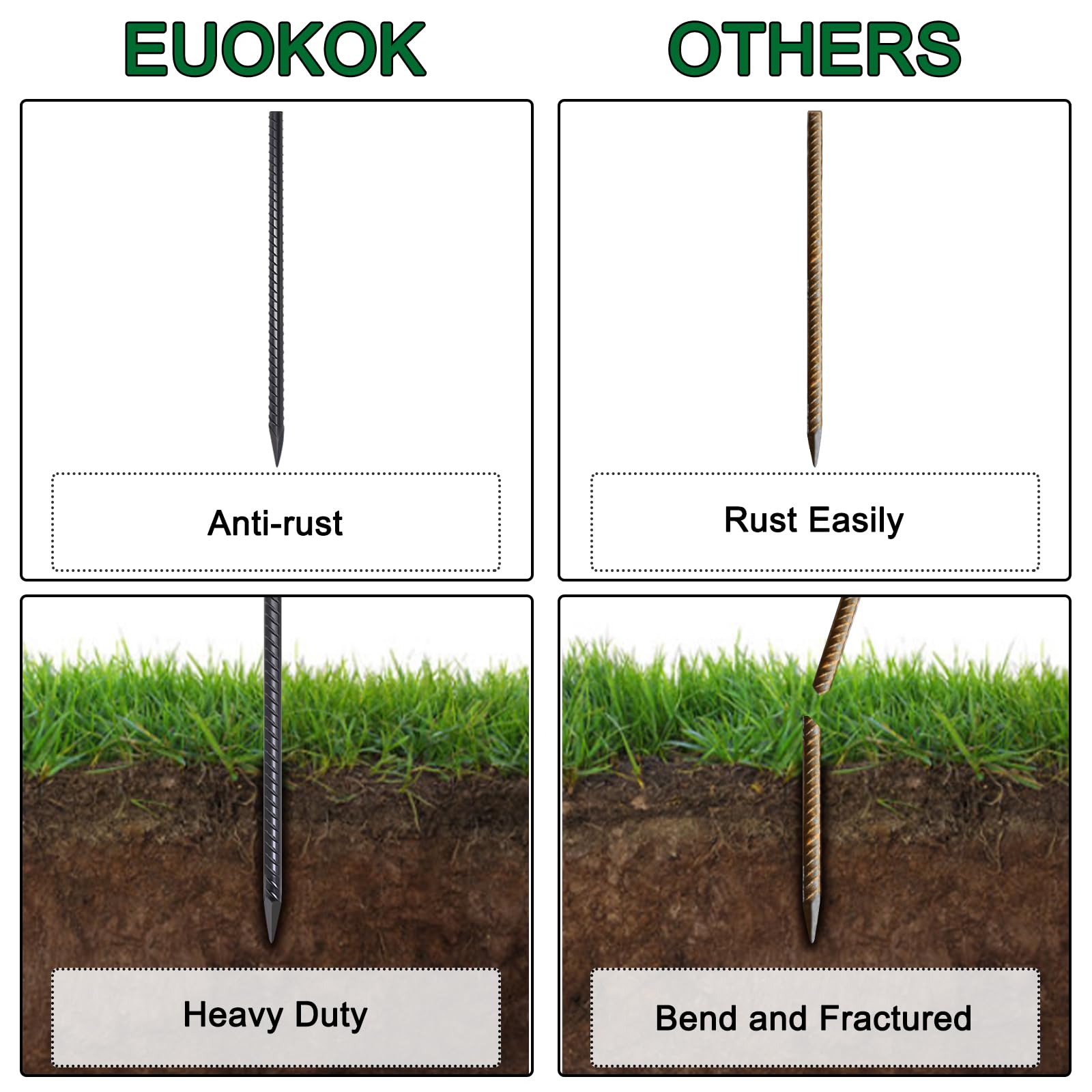 EUOKOK vs competitors rebar ground stakes comparison: left side features anti-rust black coated and heavy duty durable stakes; right side shows rust-prone, easily bendable and fractured inferior alternatives. Ideal for reliable outdoor anchoring in landscaping, gardening, and construction projects.