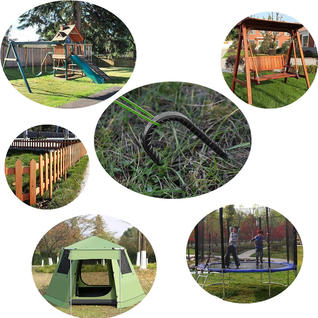 Galvanized rebar ground stakes in multiple outdoor applications: securing trampolines, tents, swings, and backyard furniture
