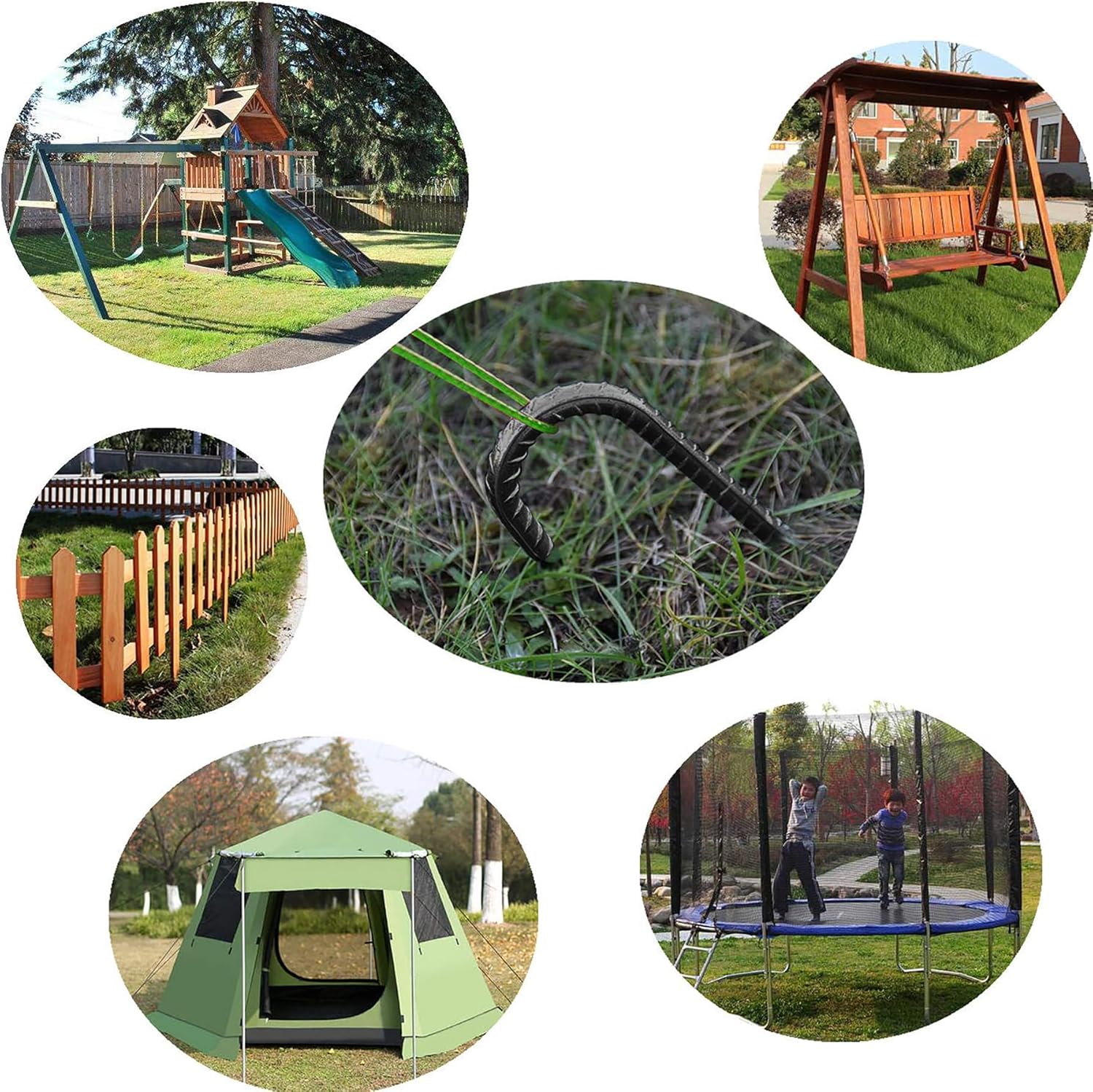 Galvanized rebar ground stakes in multiple outdoor applications: securing trampolines, tents, swings, and backyard furniture