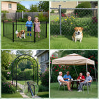 Comprehensive collage showcasing J hook rebar stakes securing backyard elements: black metal pet playpen with children and dog, flower-bordered chain link fence, decorative garden arch with gate, and shaded outdoor canopy. Heavy duty anti-rust ground anchors for versatile backyard and garden landscaping solutions.