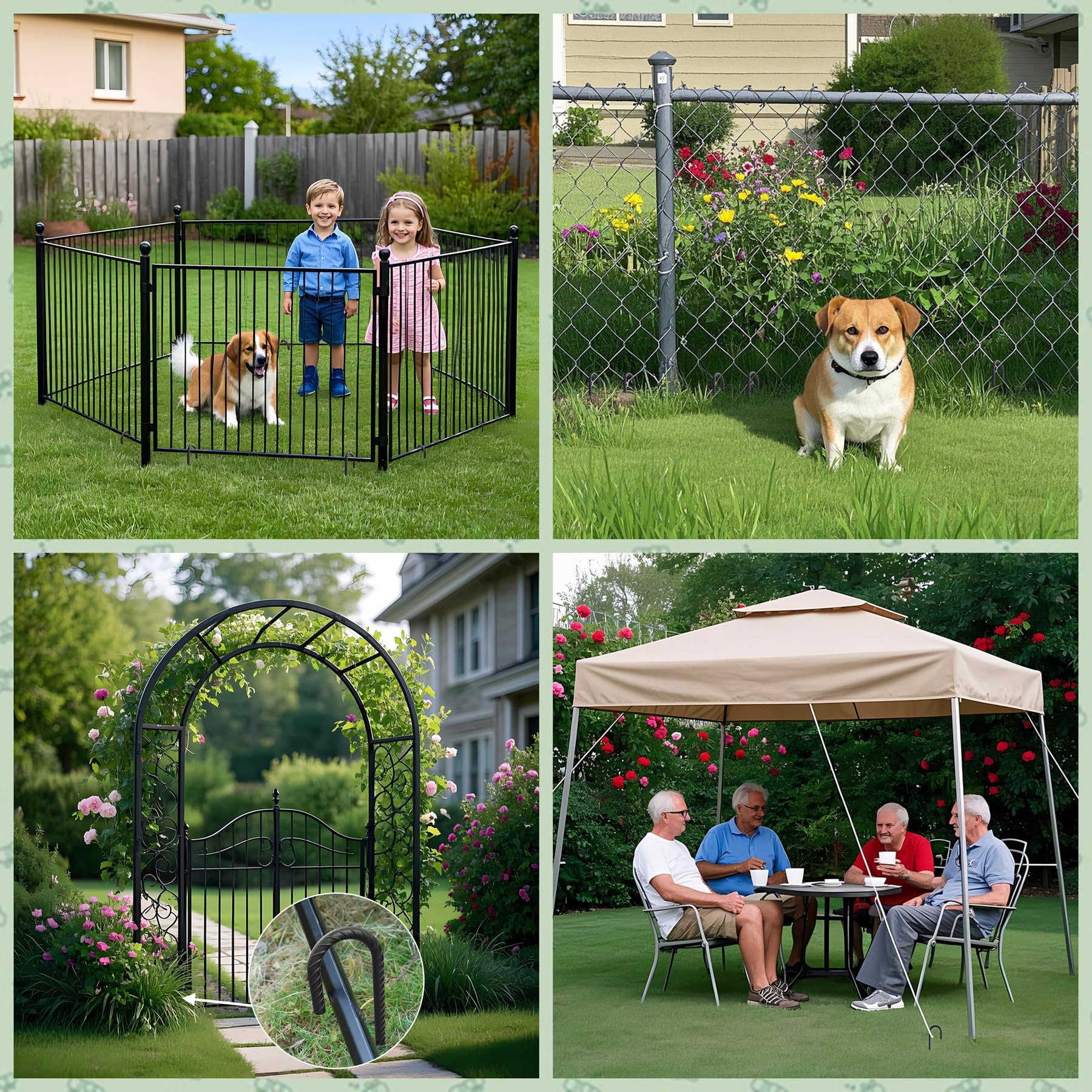 Comprehensive collage showcasing J hook rebar stakes securing backyard elements: black metal pet playpen with children and dog, flower-bordered chain link fence, decorative garden arch with gate, and shaded outdoor canopy. Heavy duty anti-rust ground anchors for versatile backyard and garden landscaping solutions.