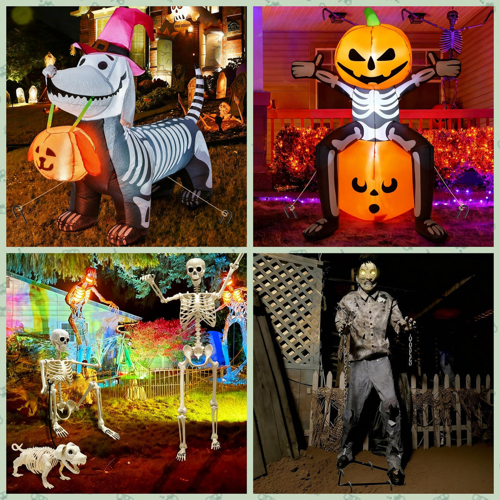 Collage of J hook rebar stakes securing Halloween inflatables, skeleton decorations, and zombie props, heavy duty anti rust ground anchors for stable outdoor holiday decor anchoring.