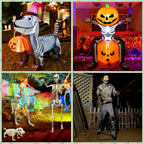 Collage of J hook rebar stakes securing Halloween inflatables, skeleton decorations, and zombie props, heavy duty anti rust ground anchors for stable outdoor holiday decor anchoring.