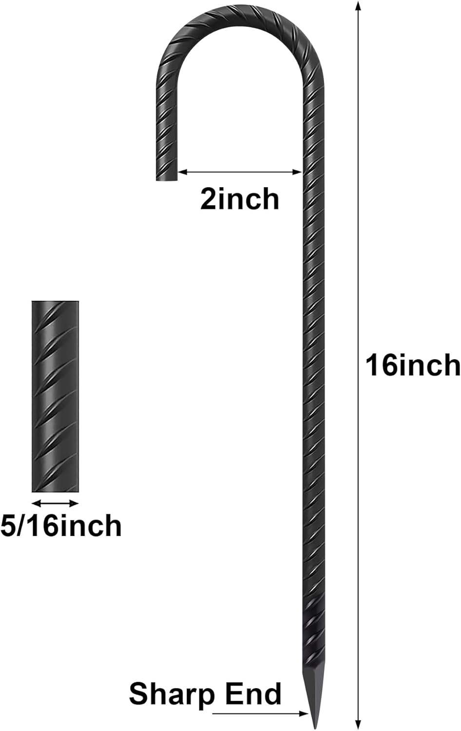 OK5STAR 16 inch heavy duty J hook rebar stakes dimension diagram, 5/16 inch diameter anti-rust steel ground anchors with sharp pointed end, ideal for chain link fencing, tent, garden, and outdoor anchoring applications.