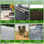 Collage demonstrating J hook rebar stakes easily pounded into all ground types: wood, cement, soil, gravel, sand, and concrete, heavy duty ground anchors for versatile construction, landscaping, and outdoor anchoring use