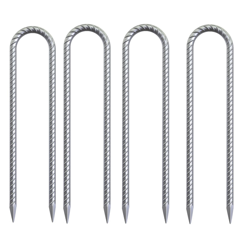 Heavy-duty 16-inch U-shaped rebar ground stakes, galvanized for rust resistance, ideal for securing trampolines and tents