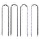 Heavy-duty 16-inch U-shaped rebar ground stakes, galvanized for rust resistance, ideal for securing trampolines and tents