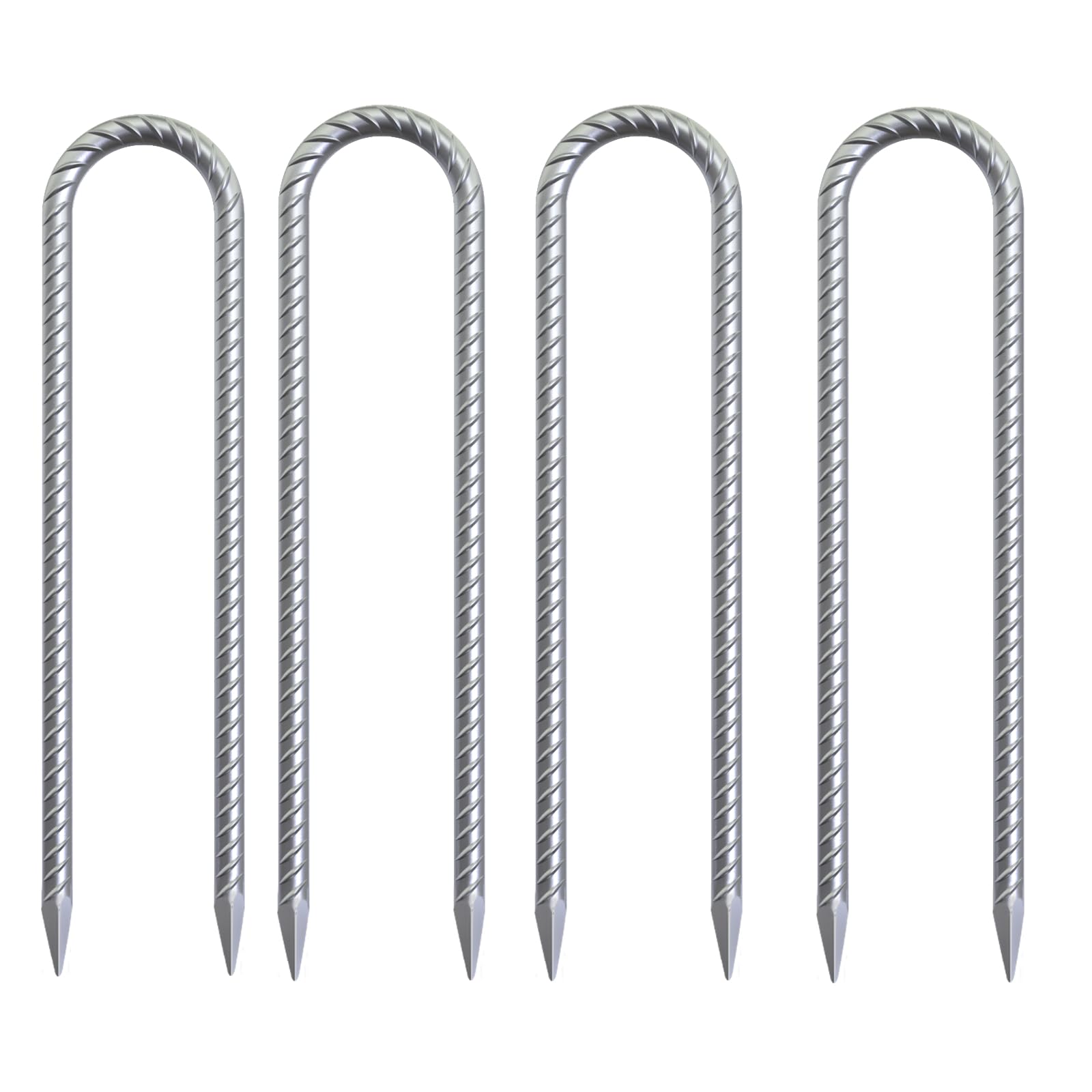 Heavy-duty 16-inch U-shaped rebar ground stakes, galvanized for rust resistance, ideal for securing trampolines and tents